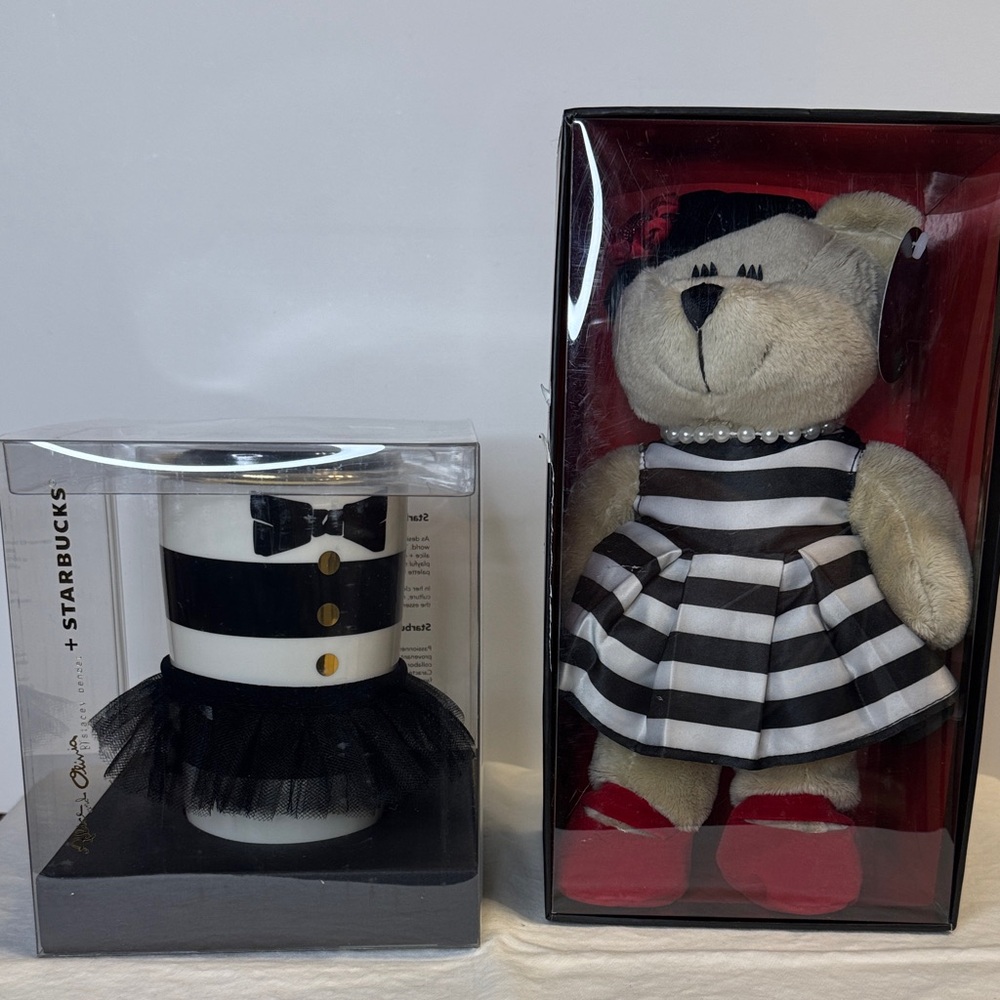 Starbucks Black & White Striped Tumbler and Matching Bear Duo